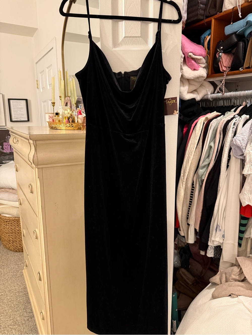 NWT Taylor Black Velvet Slip Dress with Cowl Neck